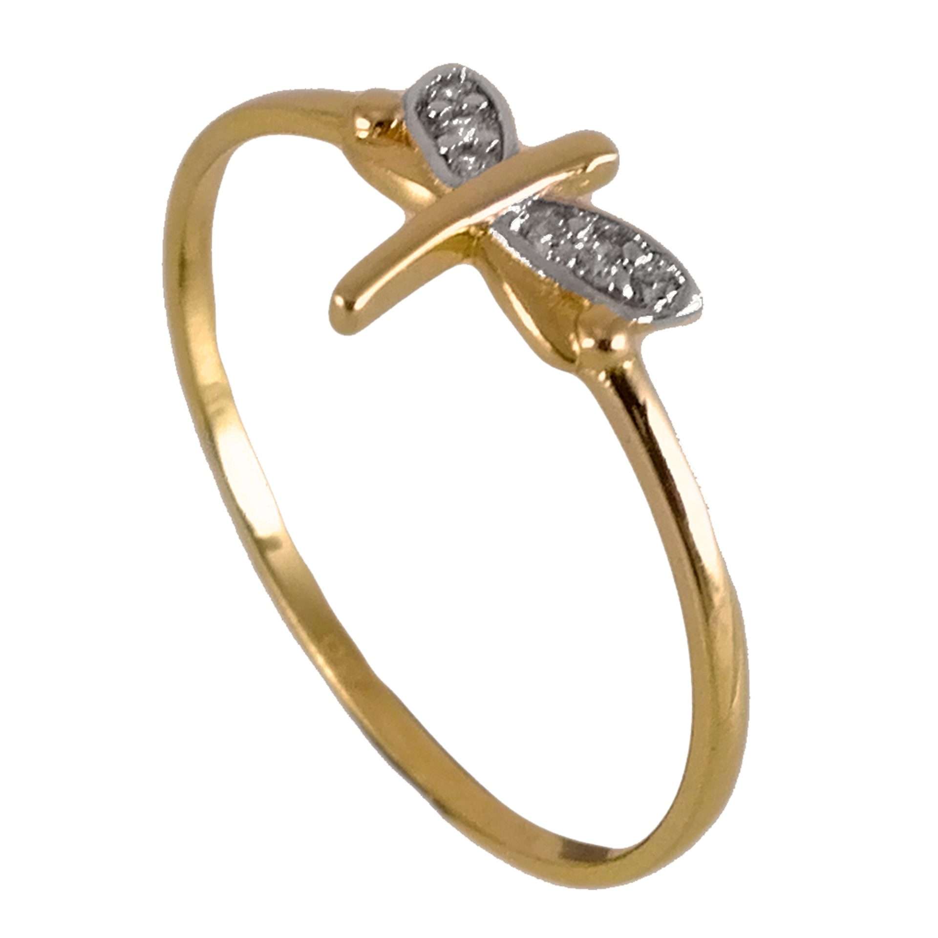 Anillo de oro amarillo italiano con detalles en oro blanco y circones en diseño de libélula