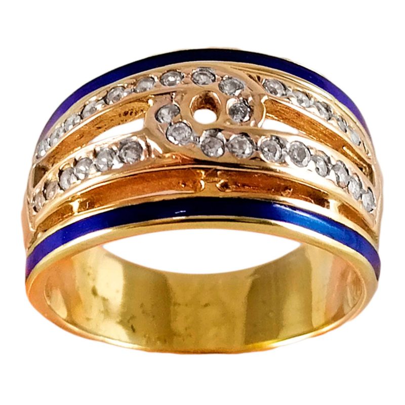 Anillo de oro amarillo italiano con diseño esmaltado y circones blancos cruzados