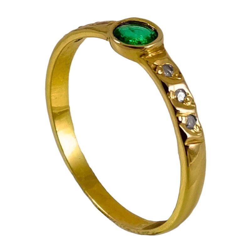 Anillo de oro amarillo italiano simple con esmeralda y brillantes