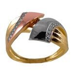 Anillo de oro italiano en tres colores con diseño cruzado y circones engarzados
