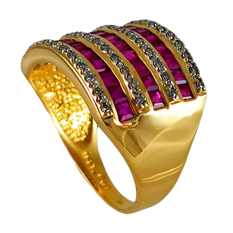 Anillo de oro amarillo italiano con líneas de rubíes y chispas de brillantes