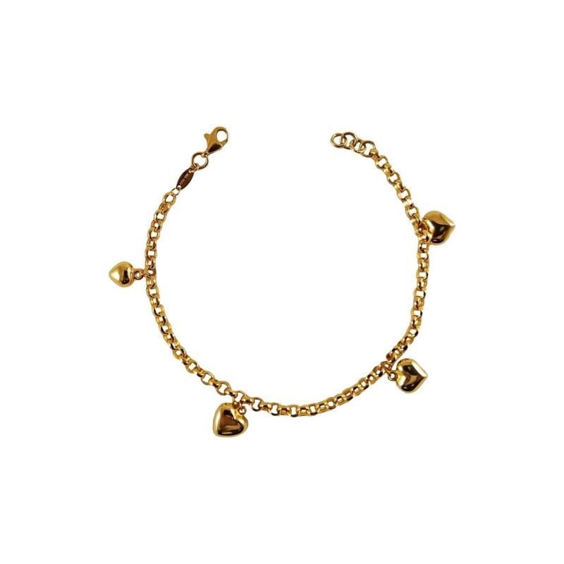 Pulsera de oro amarillo italiano modelo roló con corazones inflados