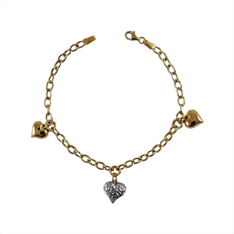 Pulsera de oro amarillo italiano modelo roló ovalado con corazones y oro blanco