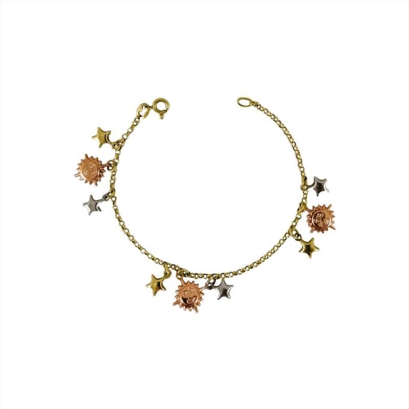 Pulsera de oro amarillo tres colores italiano modelo roló con colgantes de sol y estrellas