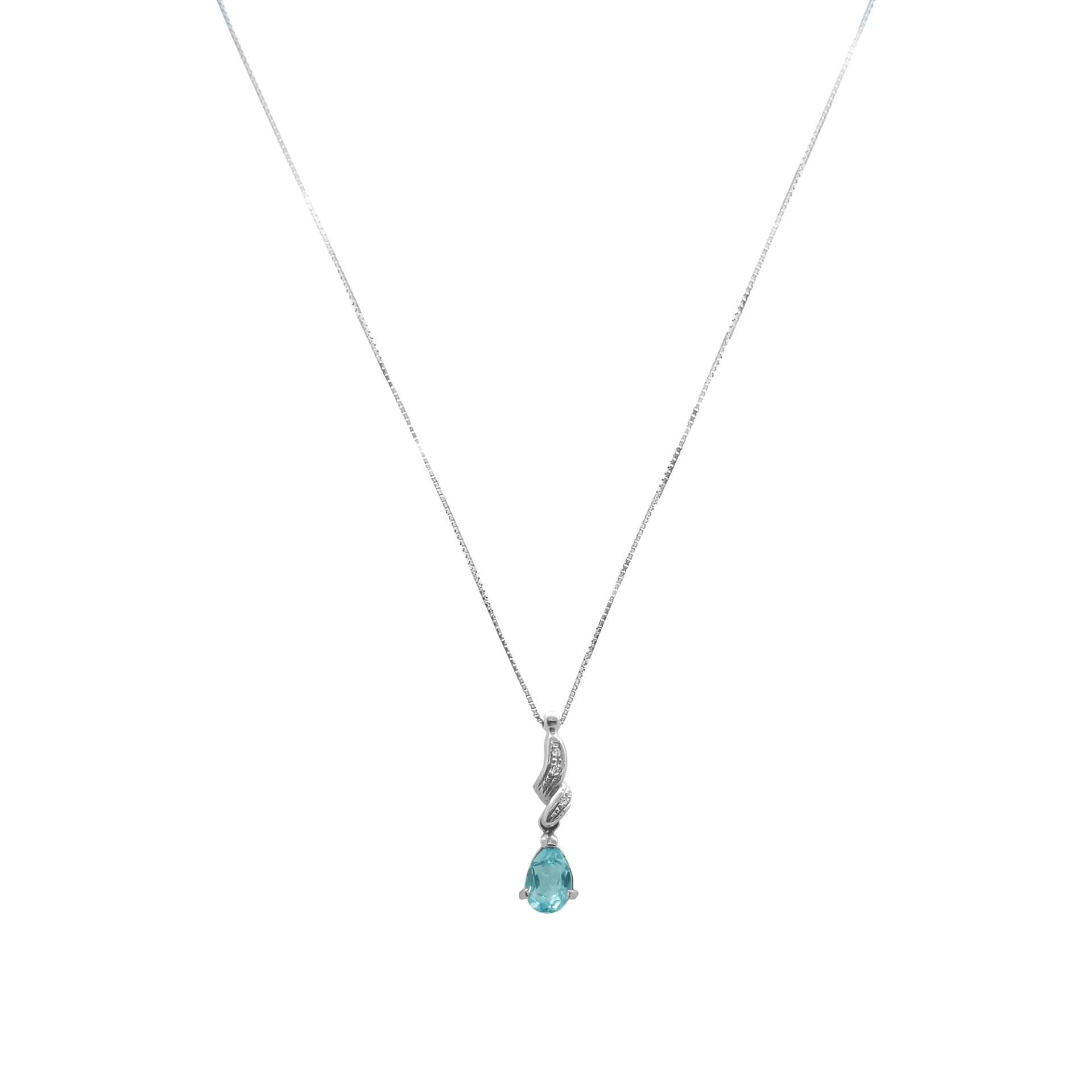 Collar de oro blanco italiano con dije y piedra aguamarina con circones