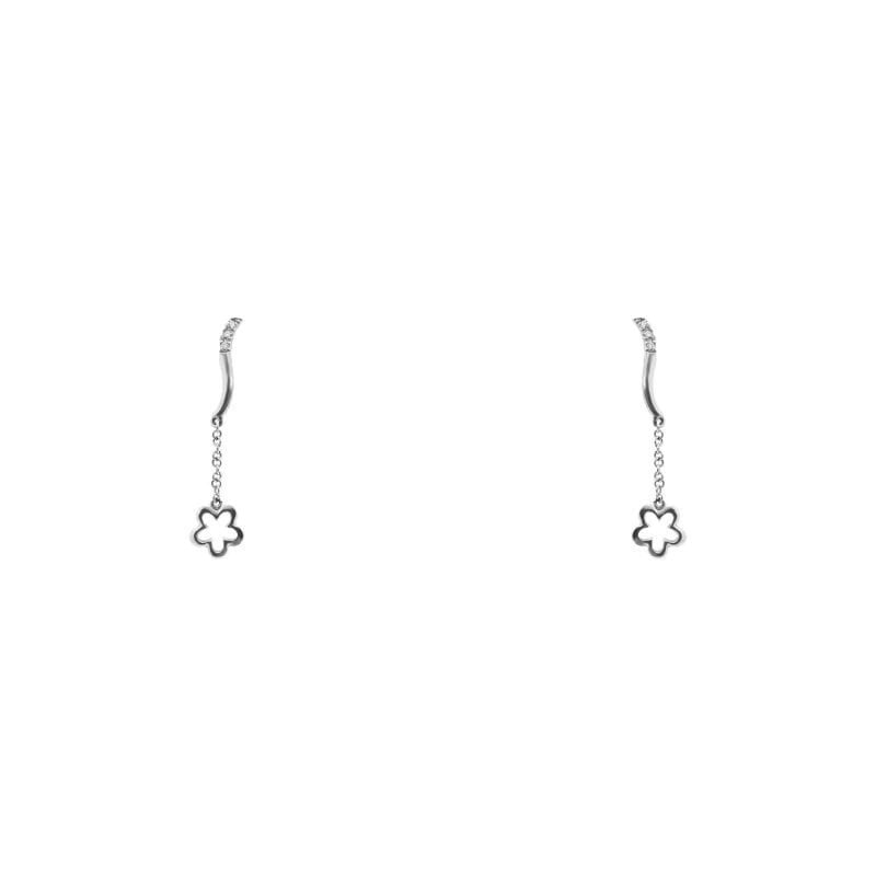 Par de aros de oro blanco italiano con diseño de flor colgante y circones