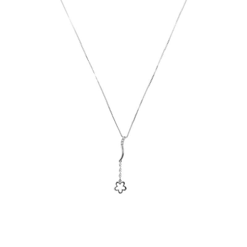 Collar de oro blanco italiano 18K con diseño de flor colgante y circones