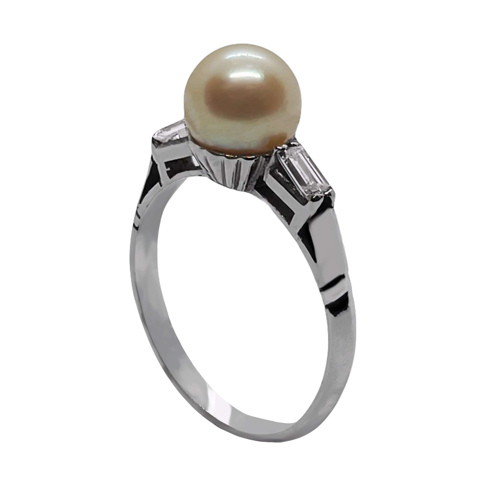 Anillo de oro blanco italiano con brillantes y perla cultivada