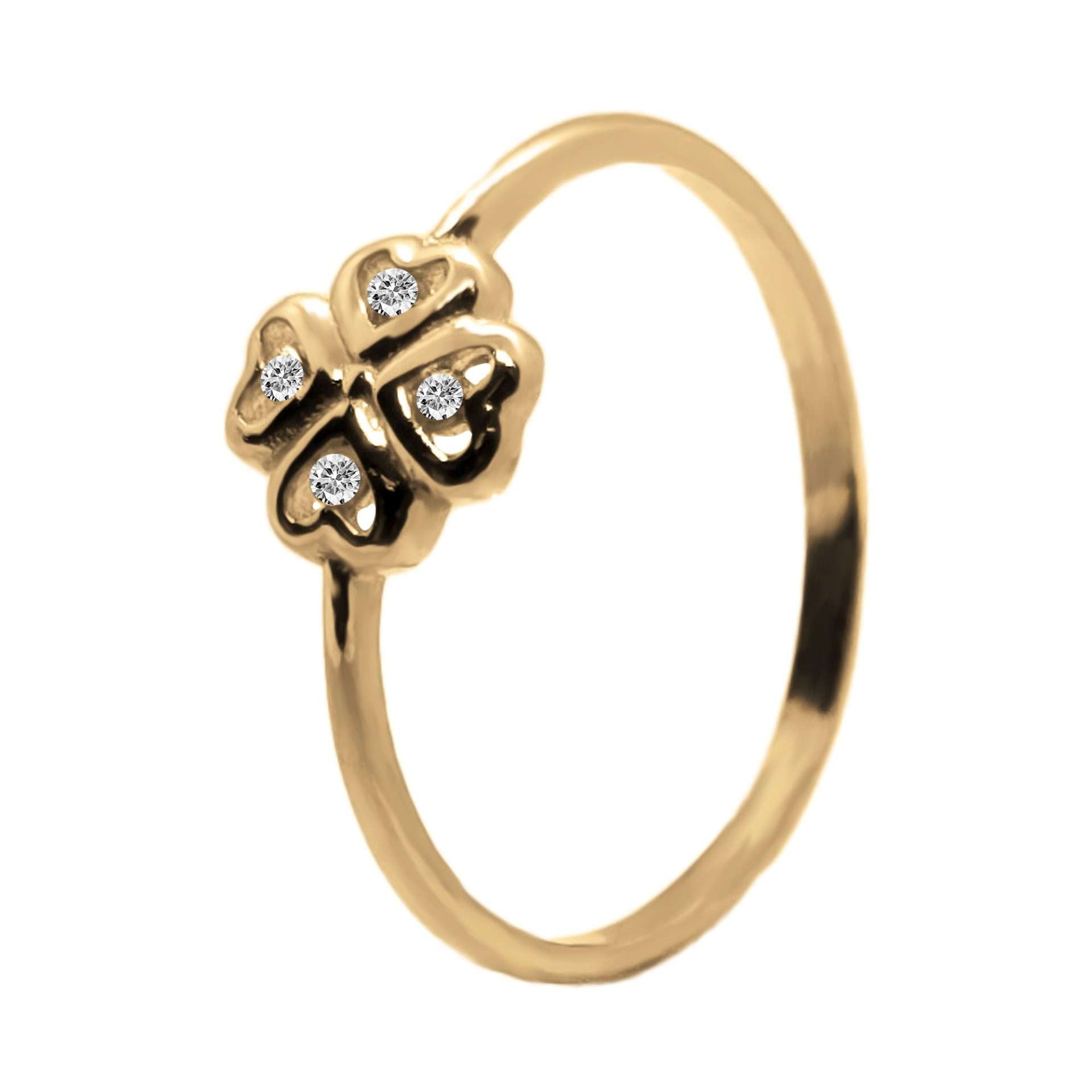 Anillo de oro amarillo italiano con diseño de trébol y circones