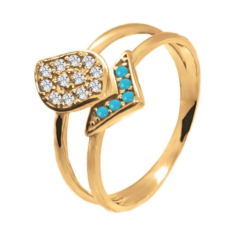 Anillo de oro amarillo italiano con diseños geométricos y piedras seminaturales