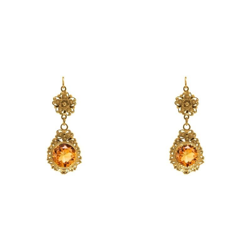 Aros de oro amarillo nacional filigrana con diseño de gota y circón
