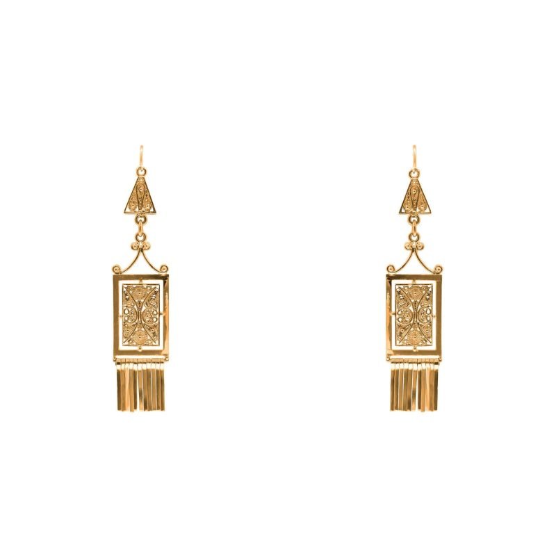 Aros de oro amarillo filigrana modelo rectangular con colgantes