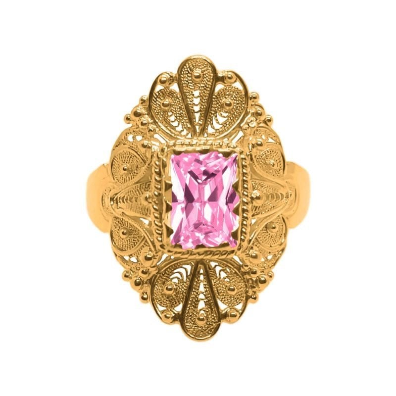 Anillo de oro amarillo filigrana carretón con piedra rosa
