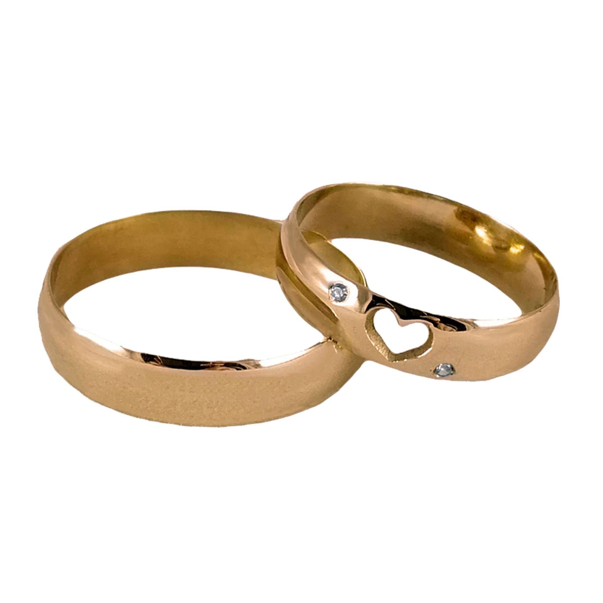 Par de alianzas de oro amarillo clásico media caña 4mm y con circones blancos y corazón calado