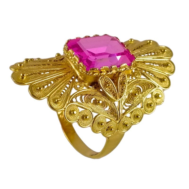 Carretón de oro amarillo filigrana con circón rosa