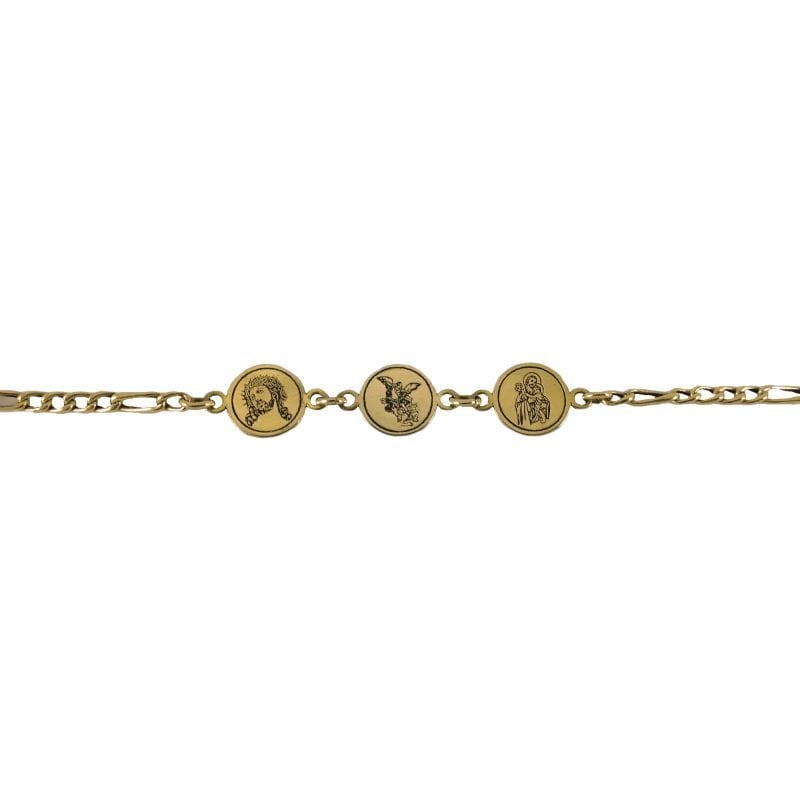 Pulsera de oro amarillo italiano con tres medallitas de santos