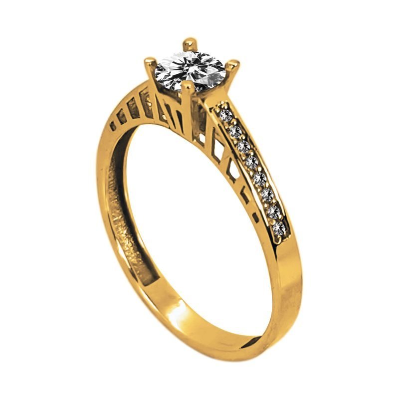 Solitario de oro amarillo italiano con piedra central elevada y circones laterales