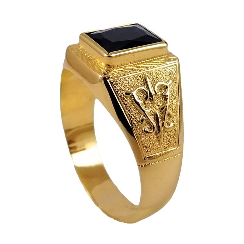 Anillo carretón de oro amarillo nacional con piedra circón negra