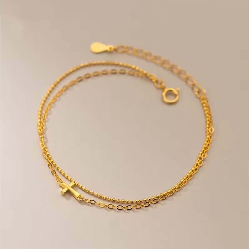 Pulsera de plata italiana doble con enchapado en oro y cruz