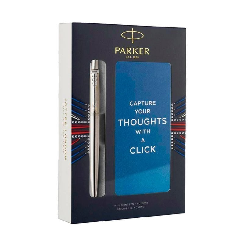 Bolígrafo Parker Jotter London de acero inoxidable con borde cromado y bloc de notas