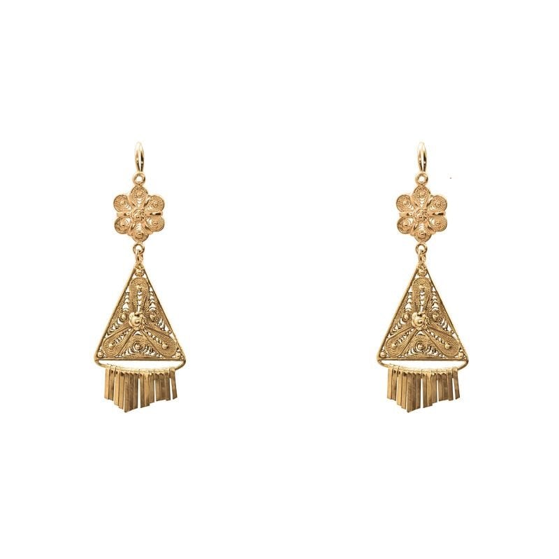 Aros de oro amarillo filigrana con diseño de flor colgante y triángulo con tiras