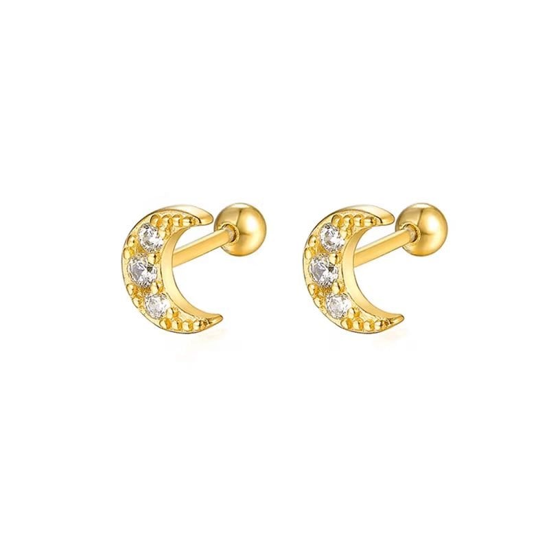 Aros a rosca de plata con enchapado en oro diseño y diseño de luna con circones
