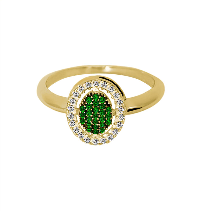 Anillo de oro amarillo italiano modelo roseta con circones blancos y verdes
