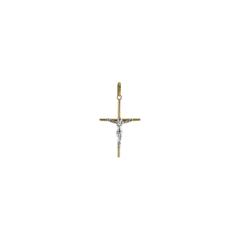 Dije de oro amarillo italiano diseño cruz con Cristo en oro blanco