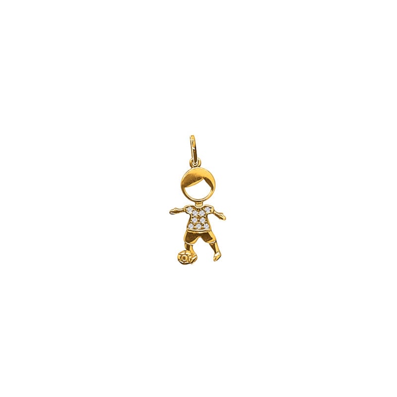 Dije de oro amarillo italiano con diseño de nene con pelota y circones