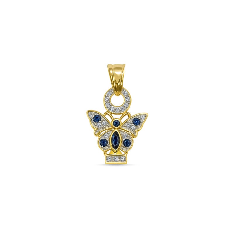 Dije de Oro Amarillo 18K Italiano con Detalles en Oro Blanco – Mariposa con Zafiros y Brillantes