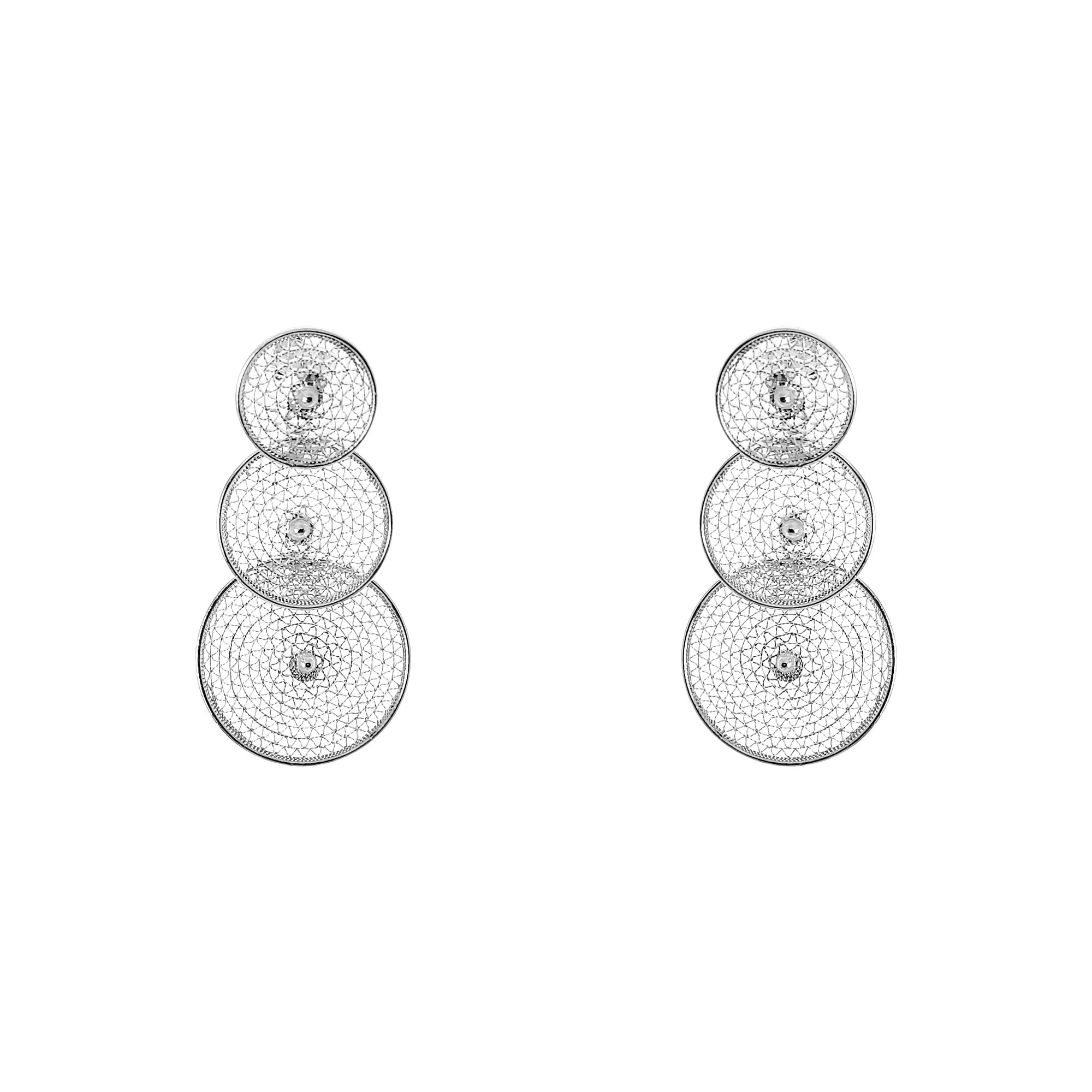 Aros de plata filigrana con tres circulos colgantes en ñanduti simple