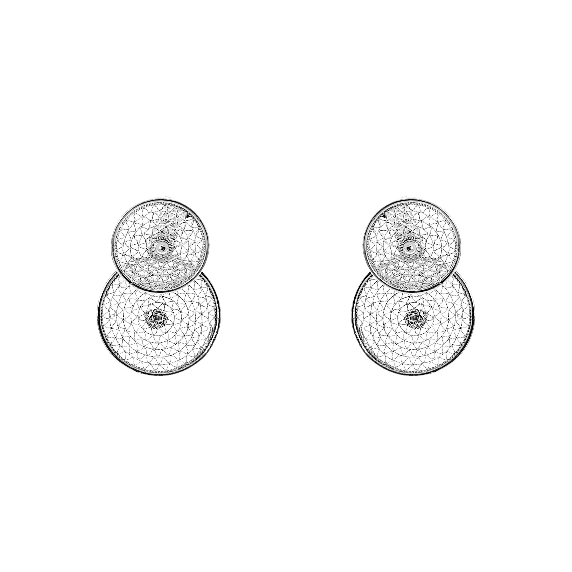 Aros de plata filigrana con dos círculos colgantes en ñandutí simple
