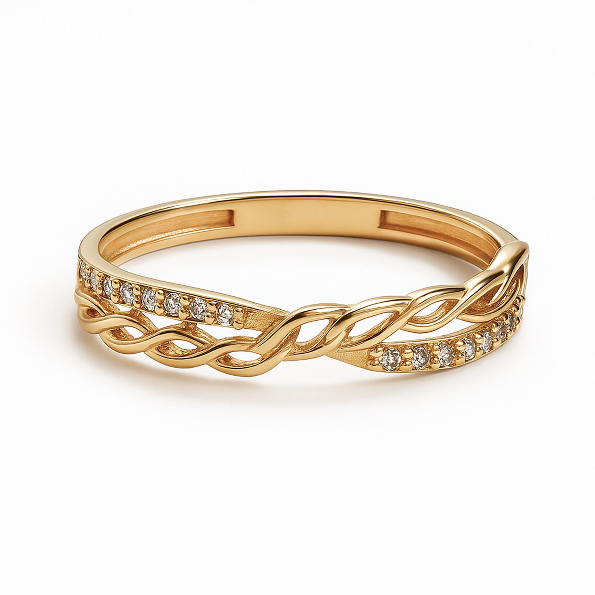 Solitario de oro amarillo italiano con circones y detalles entrelazados