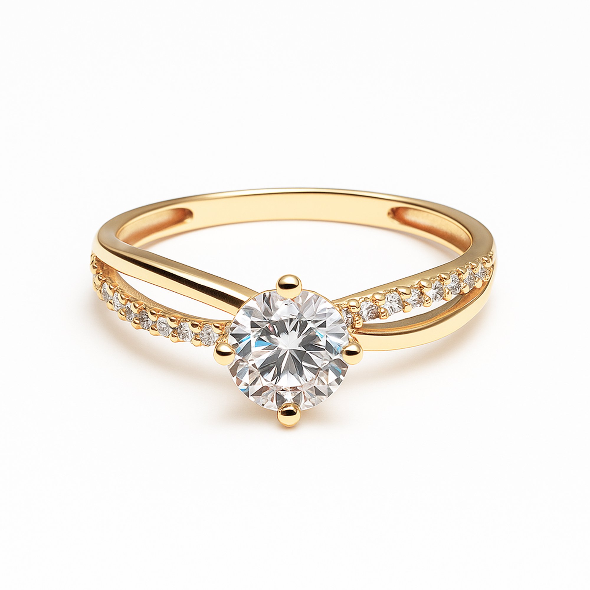 Solitario de oro amarillo italiano con circones blancos y diseño cruzado