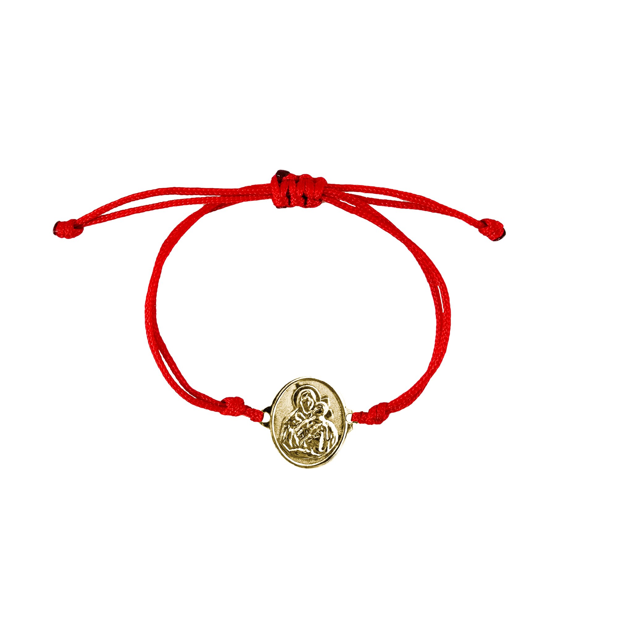 Pulsera de hilo rojo con medallita doble faz religiosa en oro