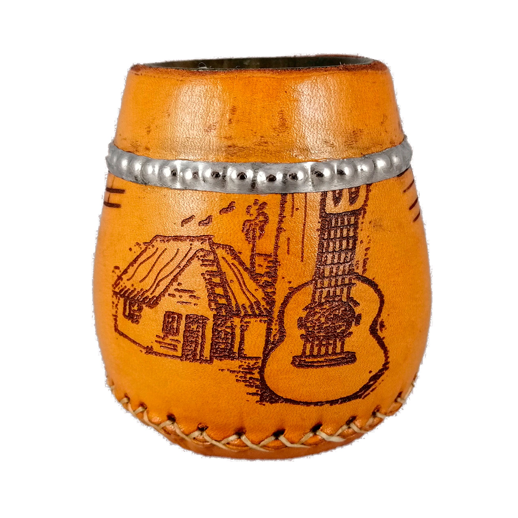 Matero de cuero con diseño de rancho y guitarra