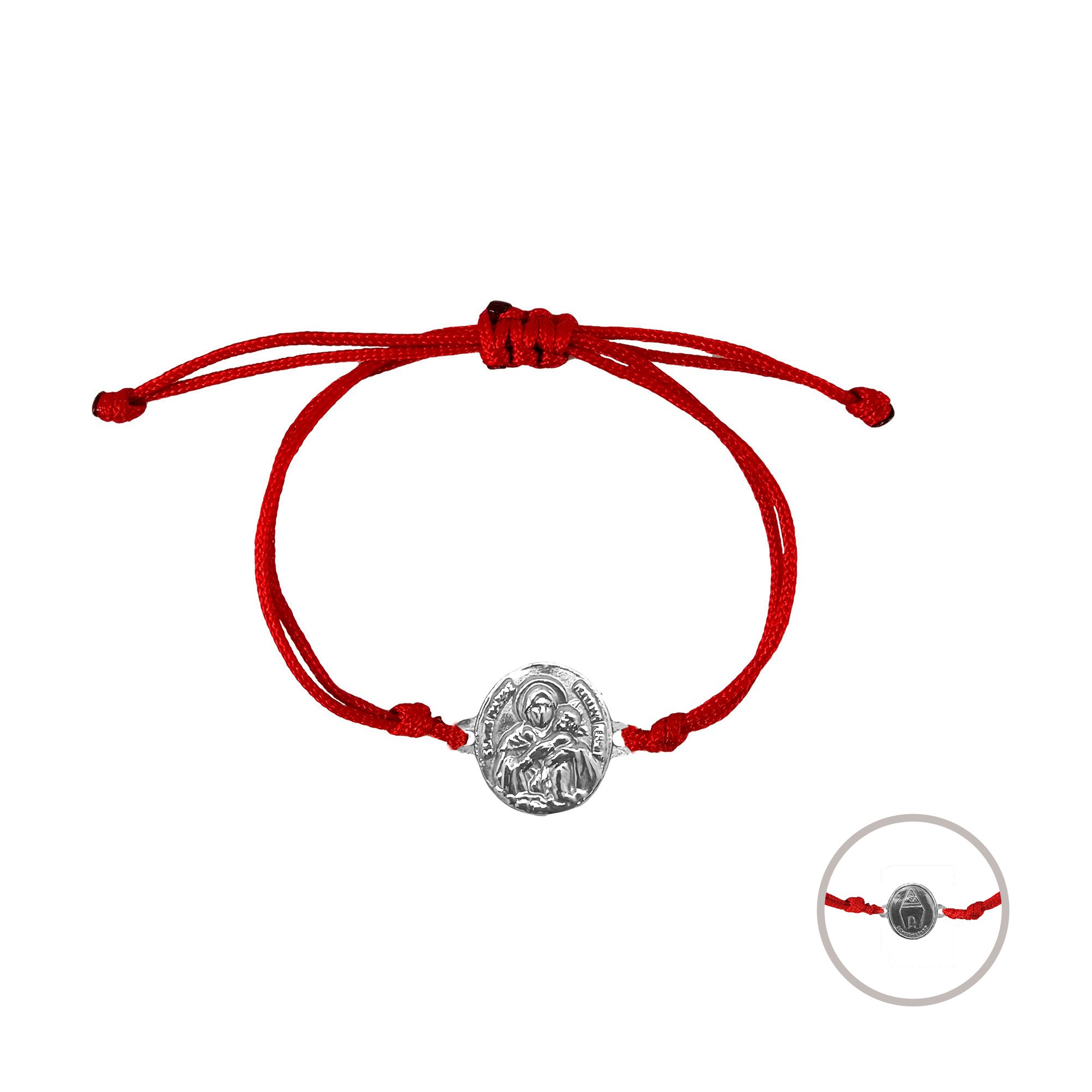 Pulsera de hilo rojo con medalla religiosa mediana doble faz de plata