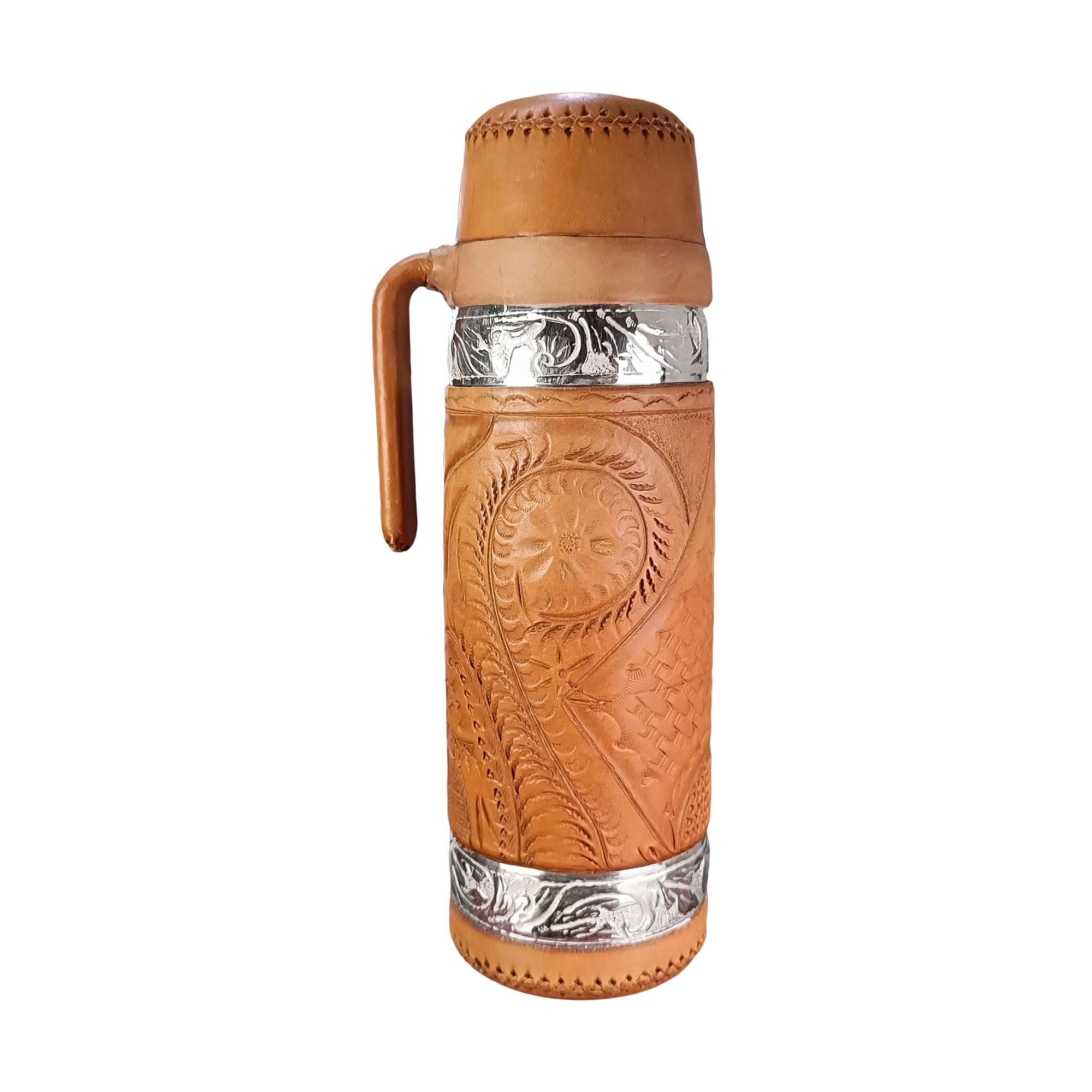 Termo para mate de cuero color natural con detalles en plata