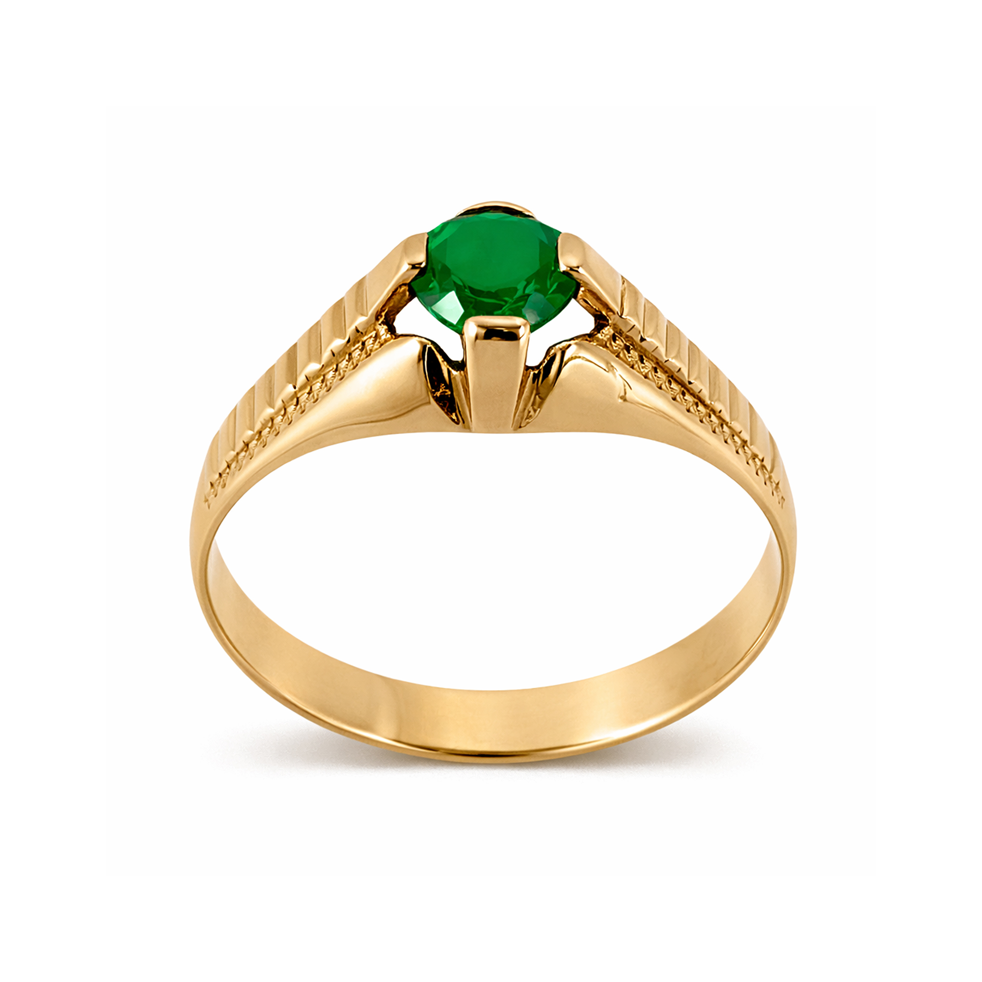 Solitario de oro amarillo 18K para niño modelo catedral con circón verde y aro texturado