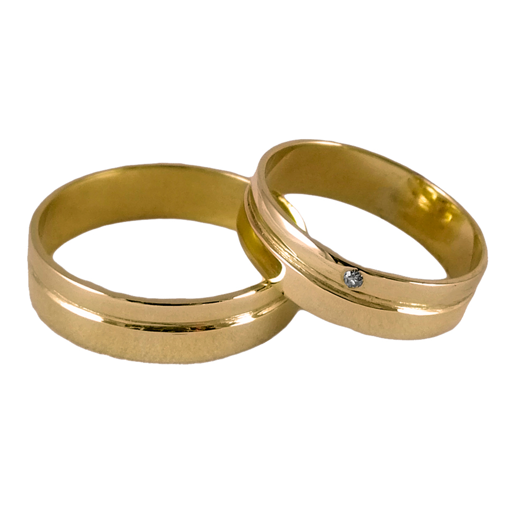 Par de alianzas de oro amarillo lisa con marcado central y con brillante