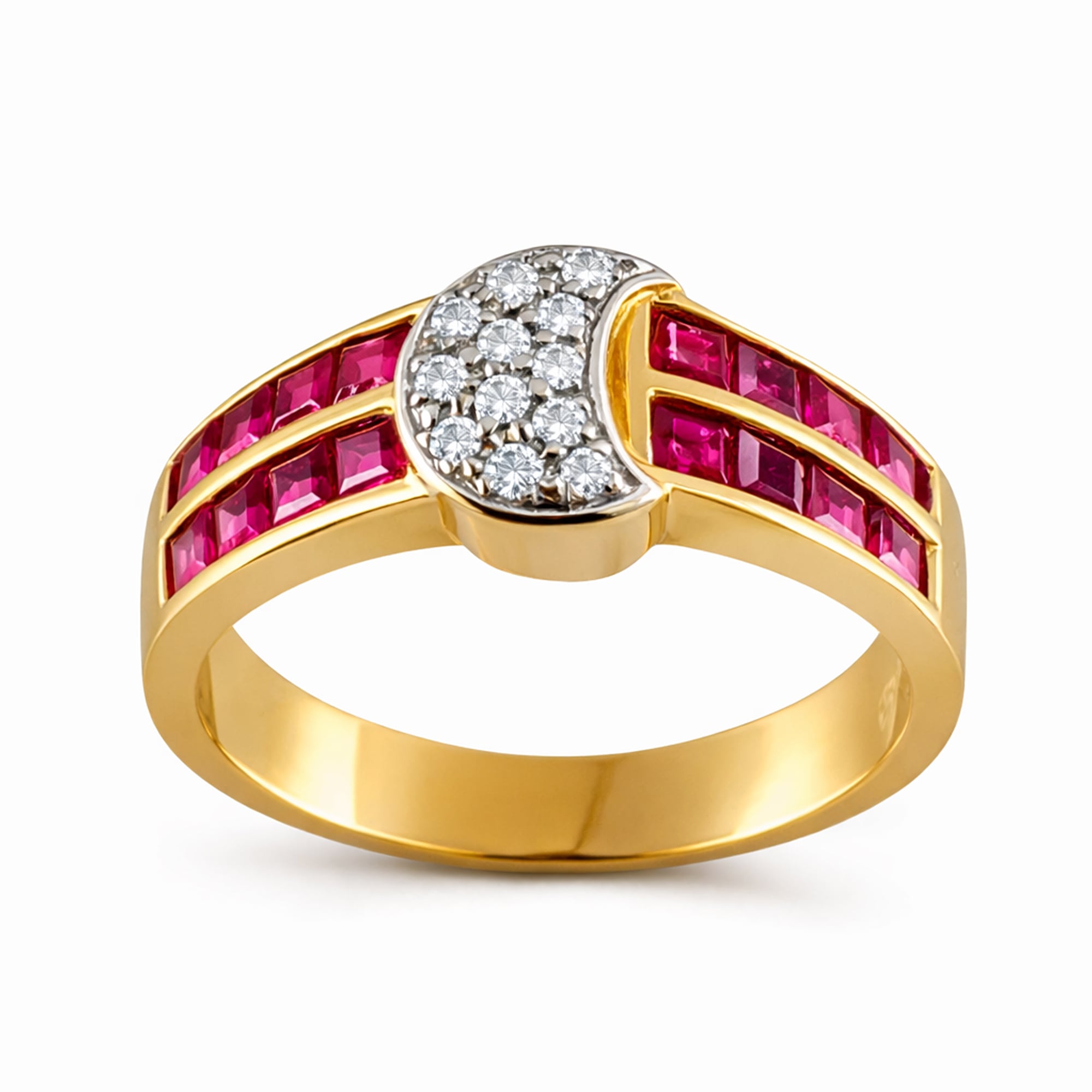 Anillo de oro combinado italiano diseño luna con rubíes y brillantes (24 puntos)