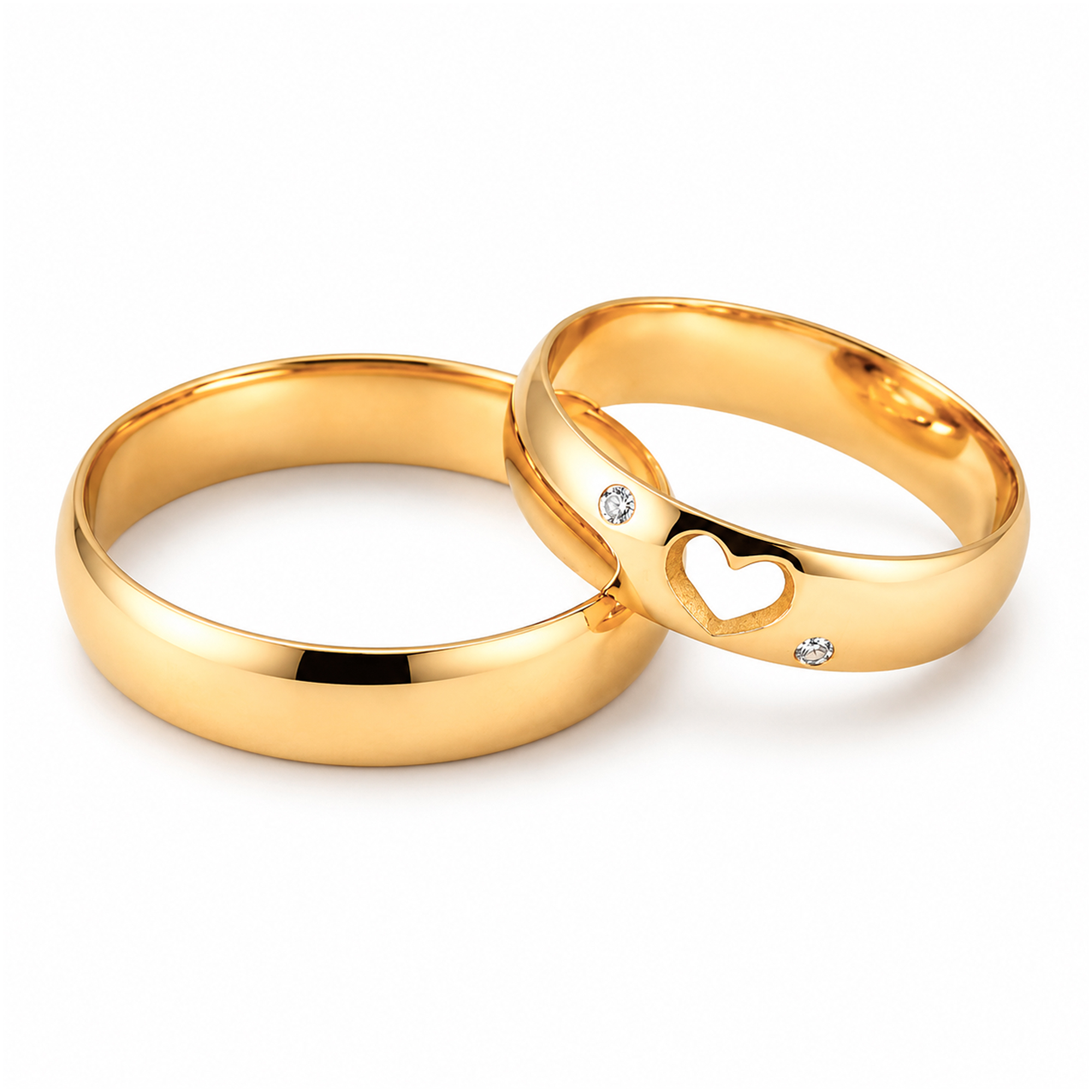 Par de alianzas media caña de oro amarillo 18K – 4 mm con circones y corazón calado