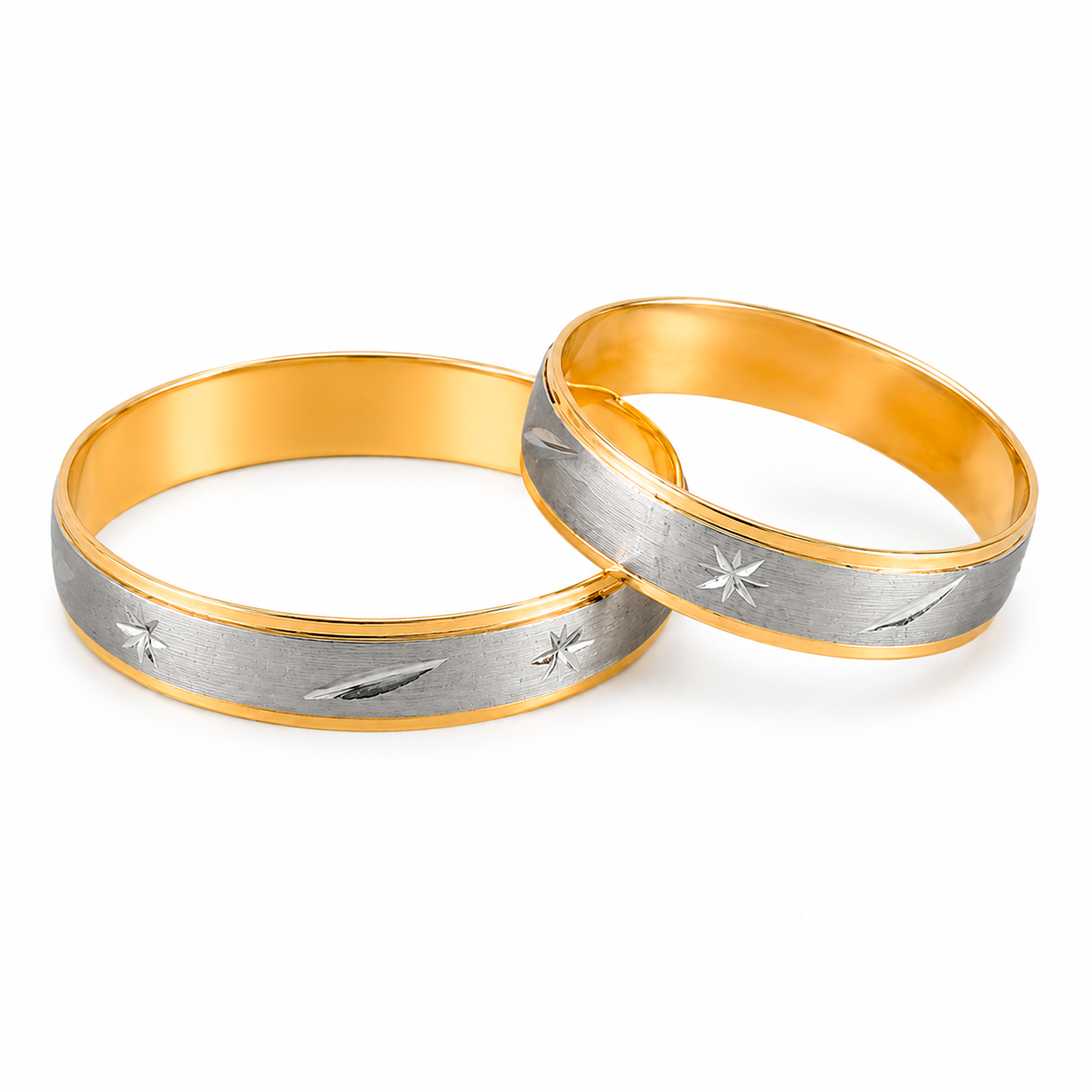 Par de alianzas satinadas de oro amarillo y blanco 18K – diseño líneas y asteriscos