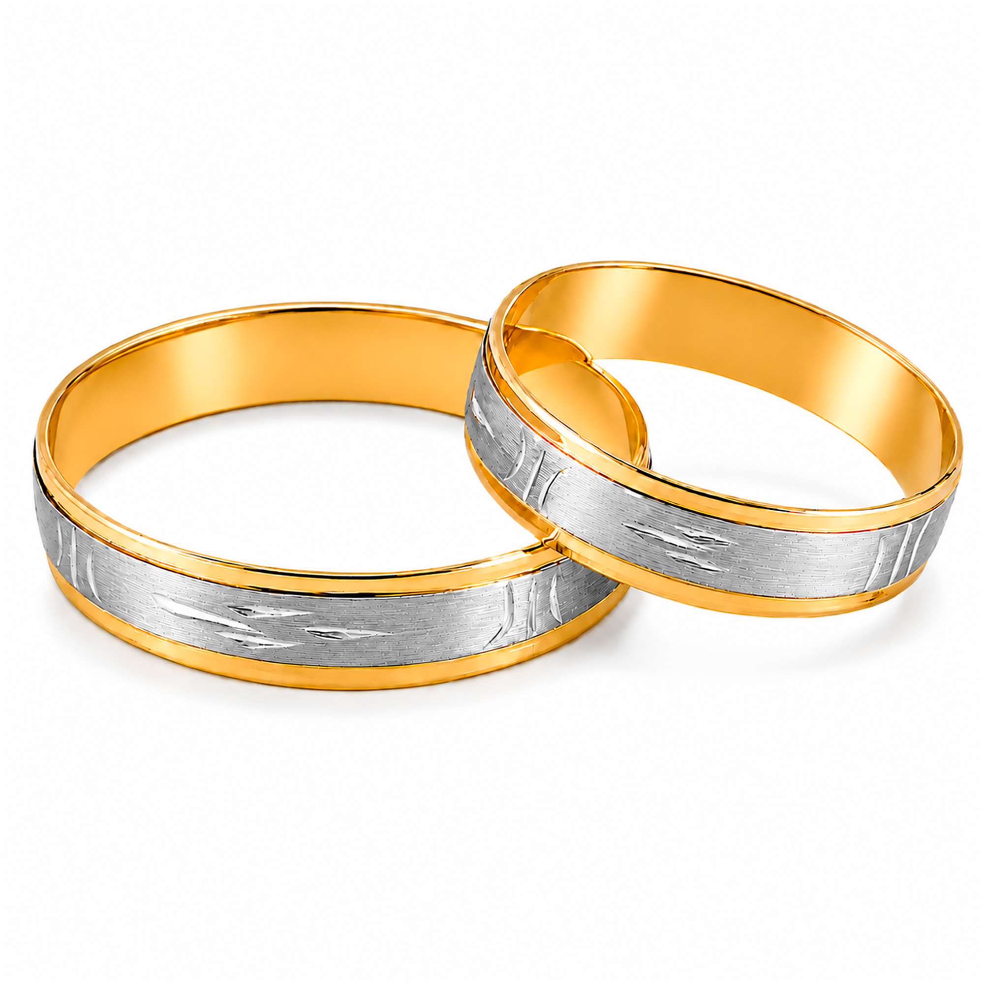 Par de alianzas satinadas de oro amarillo y blanco 18K – diseño líneas distribuidas