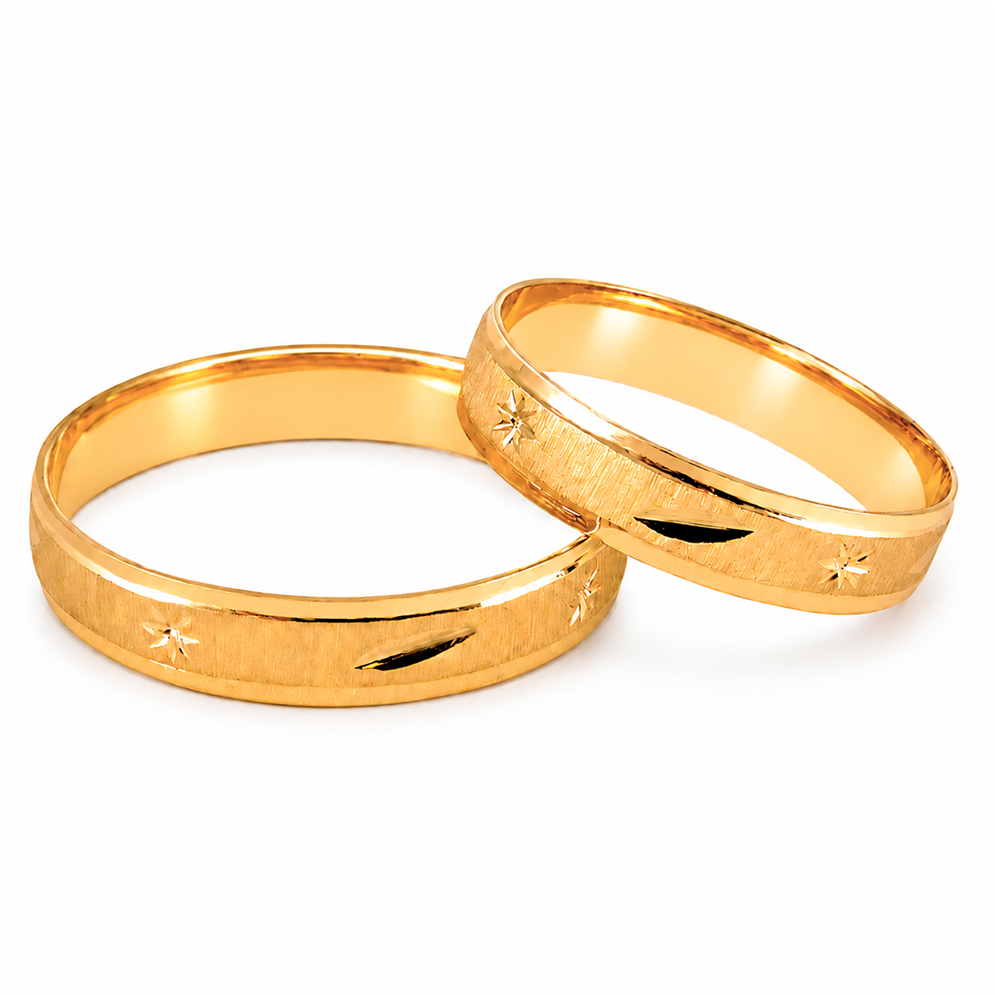 Par de alianzas satinadas de oro amarillo 18K – diseño asteriscos y rayas