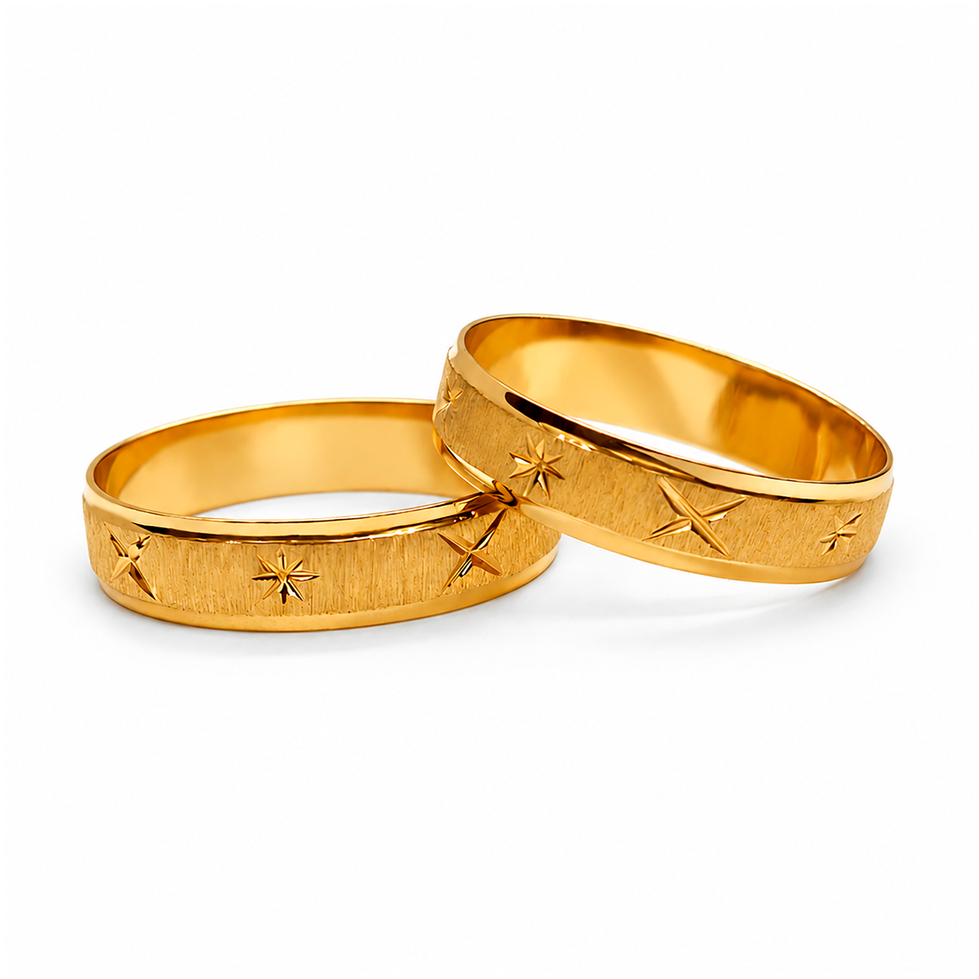Par de alianzas satinadas de oro amarillo 18K – diseño cruces y asteriscos