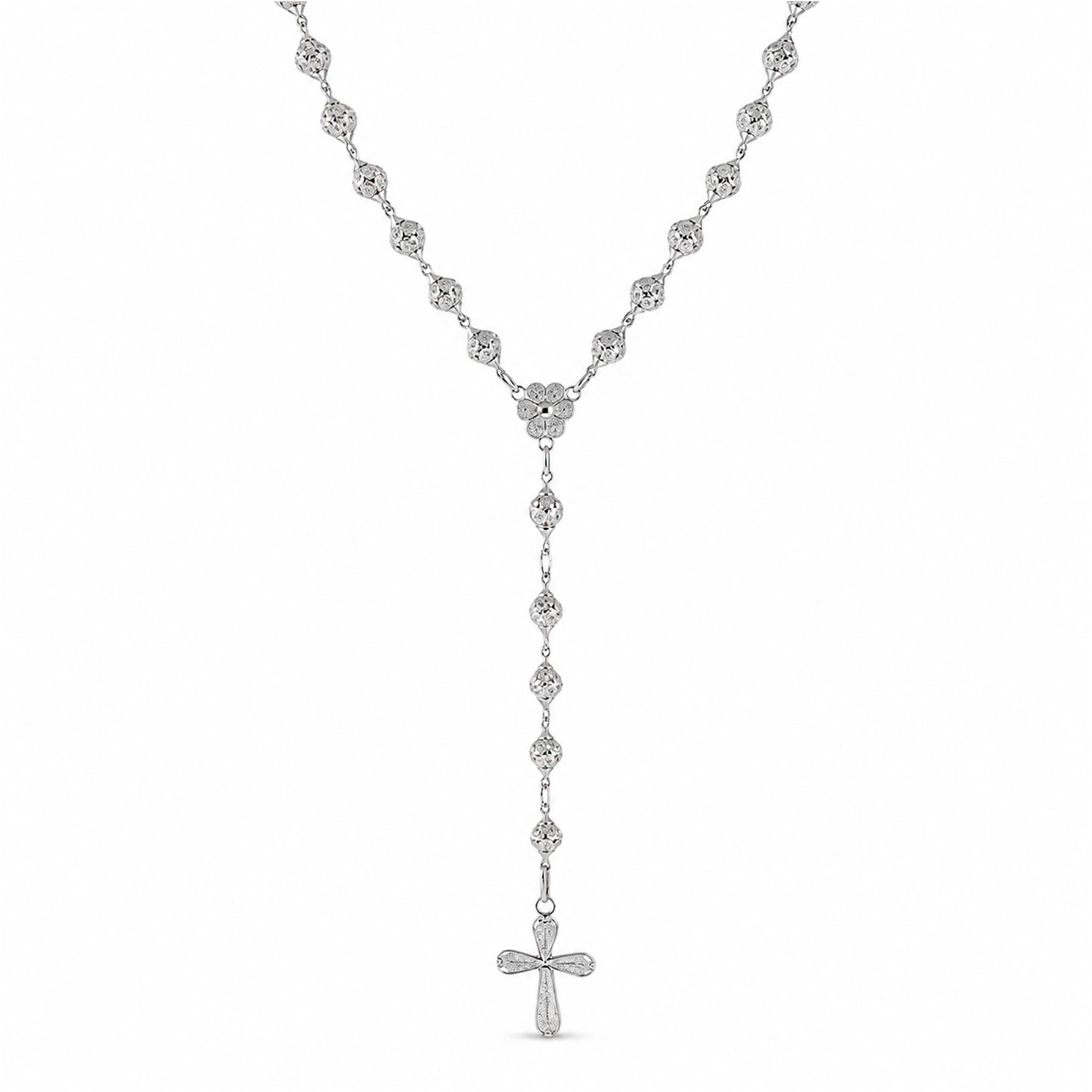 Rosario de plata con detalles en filigrana