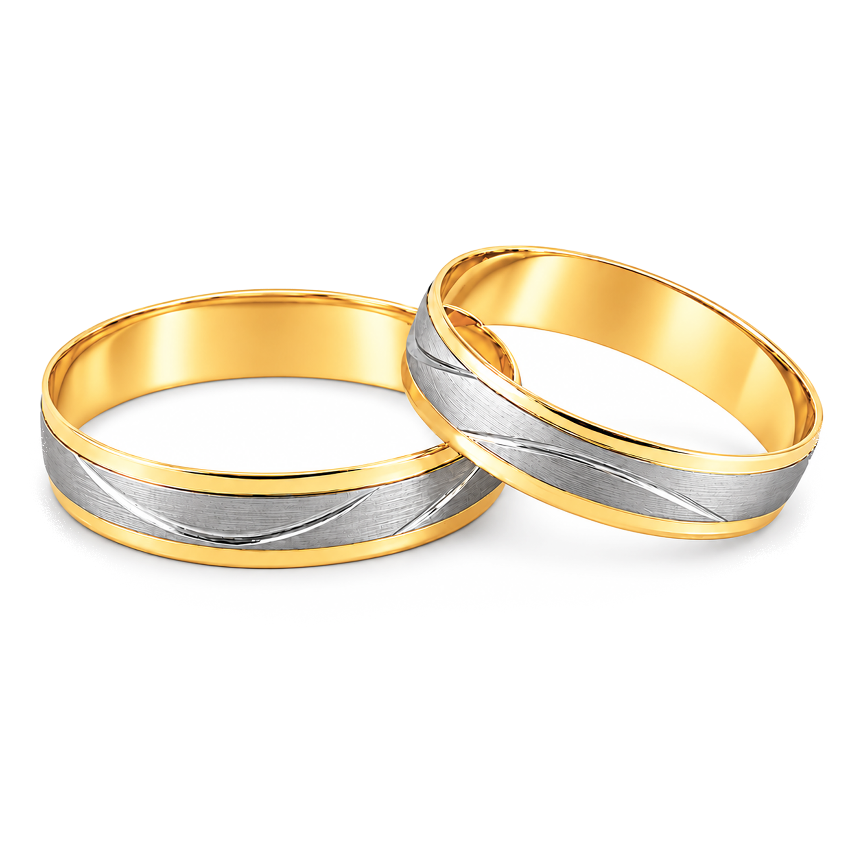 Par de alianzas satinadas de oro amarillo y blanco 18K – diseño curvas simples