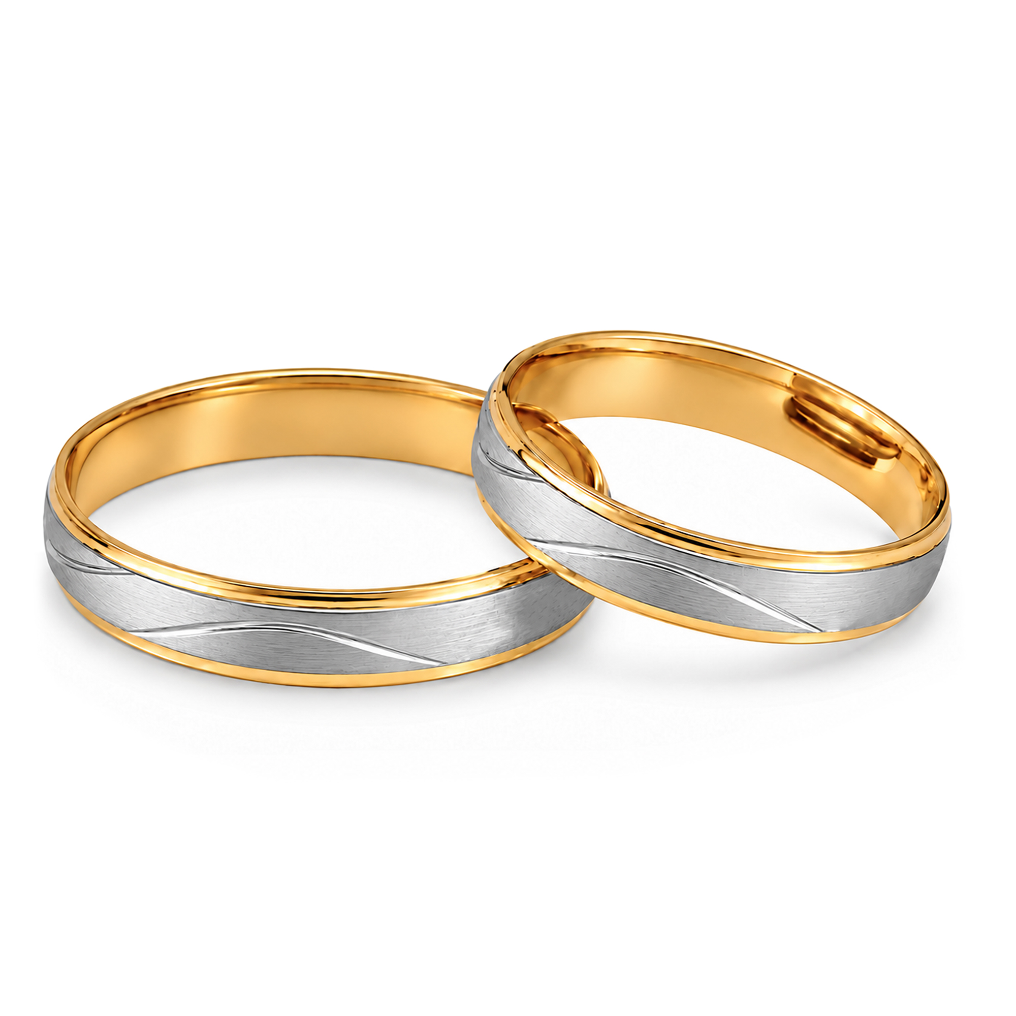 Par de alianzas satinadas de oro amarillo y blanco 18K – diseño curvas simples