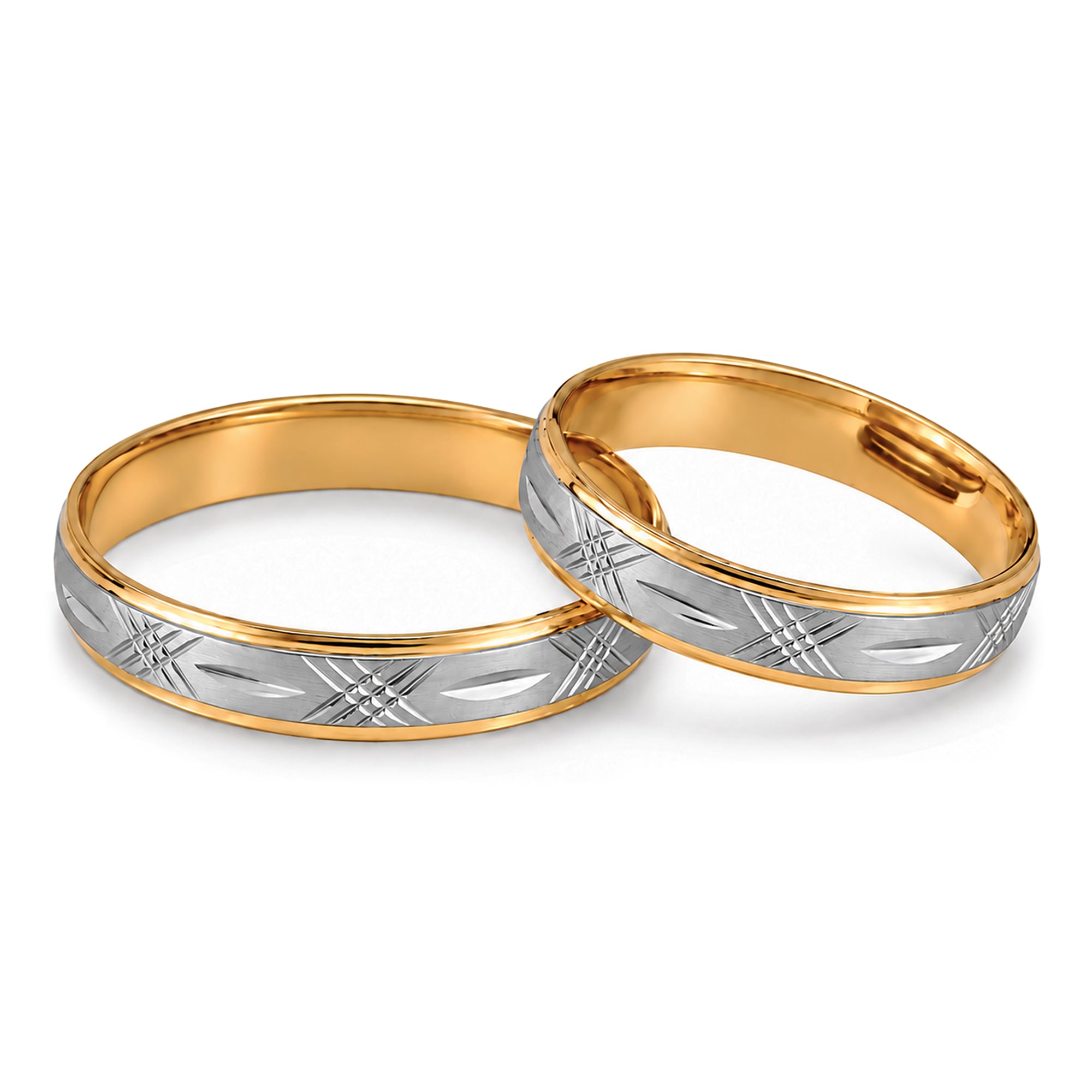 Par de alianzas satinadas de oro amarillo y blanco 18K – diseño líneas cruzadas y rayas